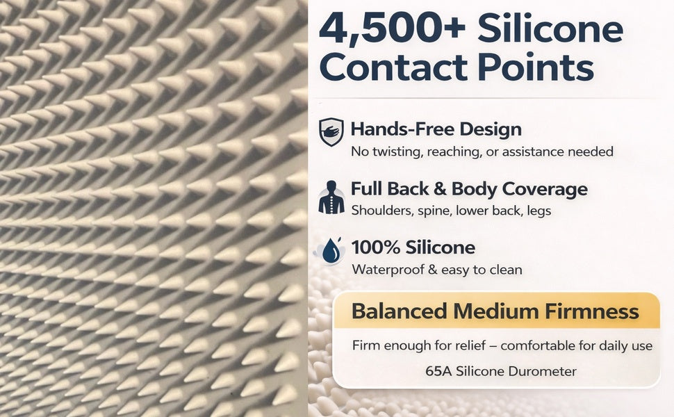 Close up of bristles and Text detailing features of a product with silicone contact points on a textured background.