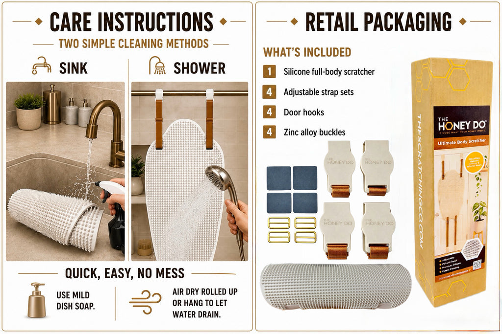The Honey Do™ back scratcher care instructions showing sink and shower cleaning methods, plus retail packaging contents including silicone scratcher, door hooks, adjustable straps, and zinc alloy buckles​​​​​​​​​​​​​​​​. Medium 65A, Firm 80A