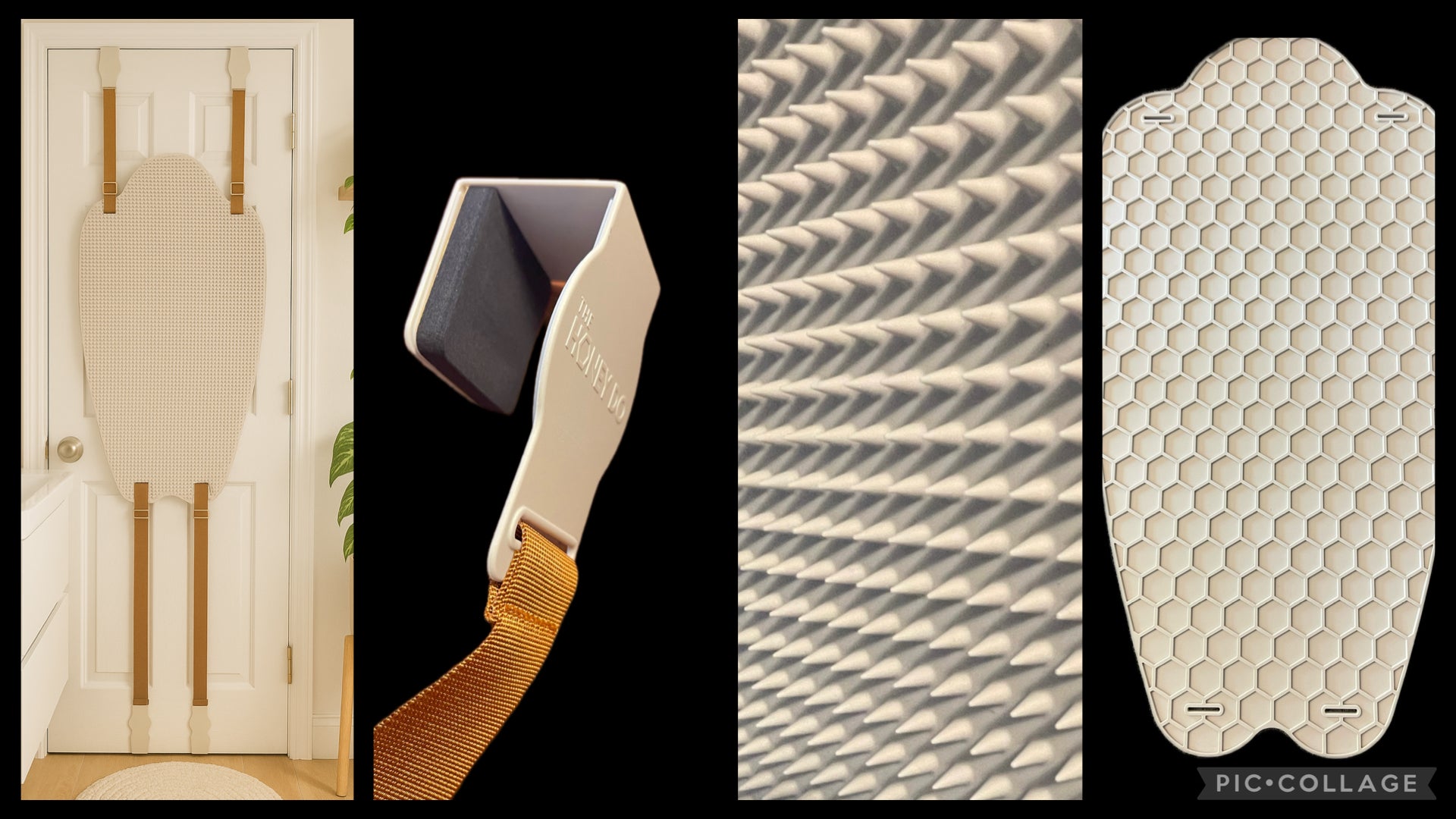 Collage of the front back hooks and overall shape of the honey do back scratcher 