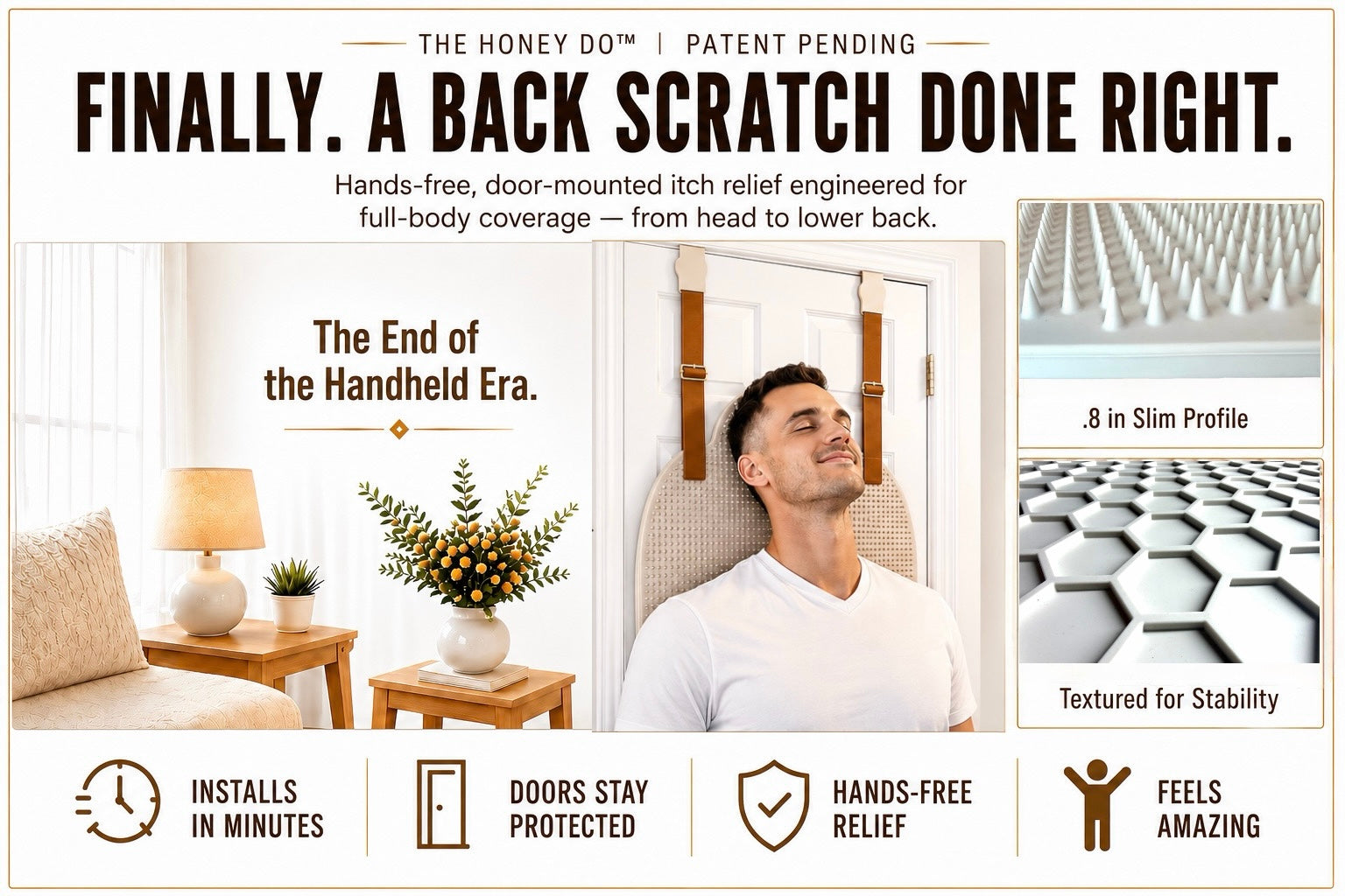 Hands-free door-mounted Honey Do back scratcher with silicone bristles, shown installed on a door with a man leaning against it to scratch his back; feature icons highlight slim profile, door protection, and full-body itch relief.