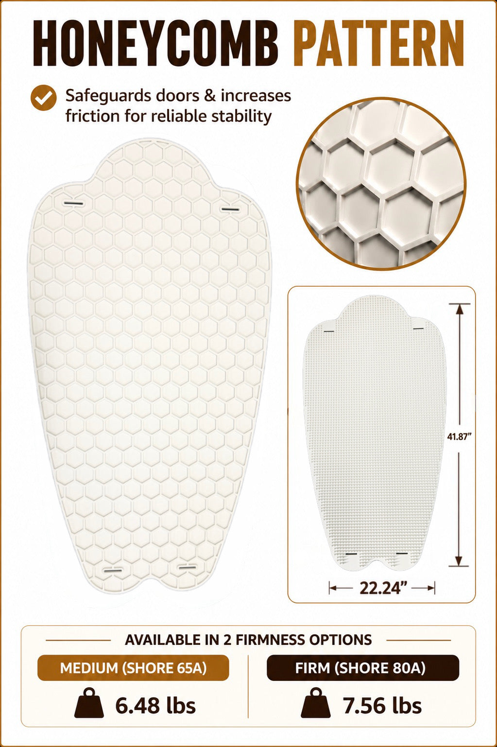 Honeycomb patterned back scratcher with safety and stability features, available in Medium 65A and Firm 80A firmness options. Medium 65A, Firm 80A