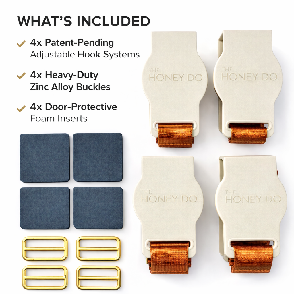 Honey Do product with adjustable hook systems, heavy-duty zinc alloy buckles, and door-protective foam inserts on a white background.