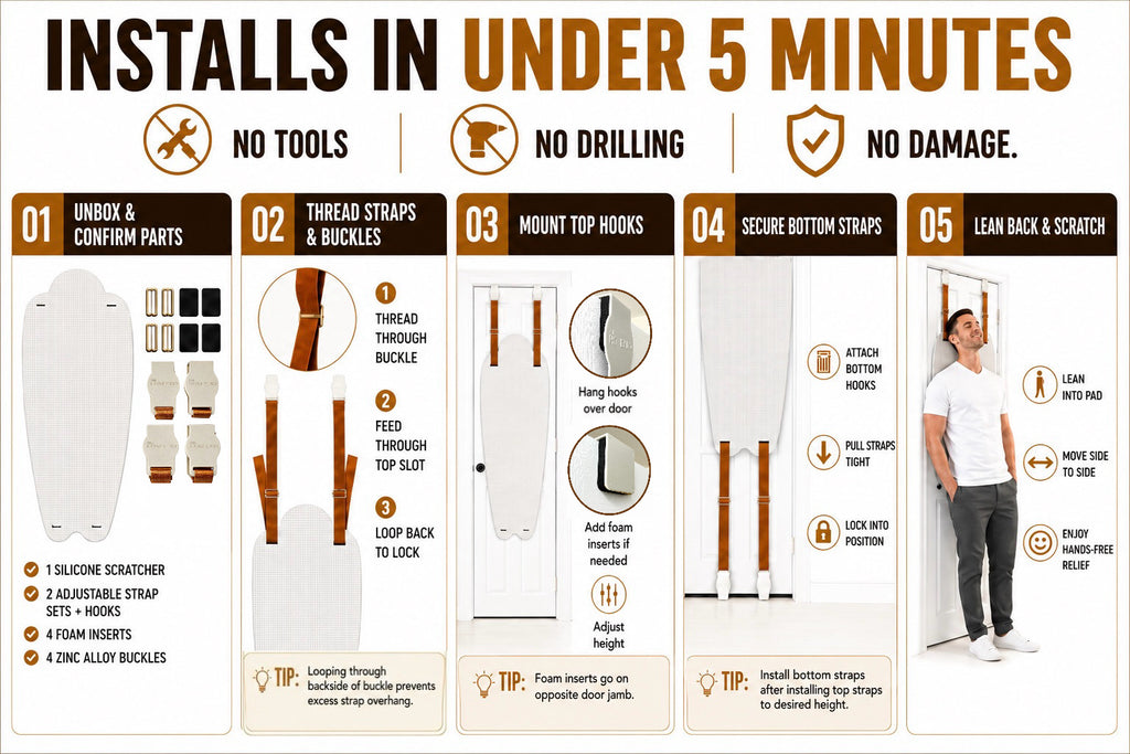 Step-by-step installation guide for the honey do back scratcher with text highlighting quick installation time. Medium 65A, Firm 80A