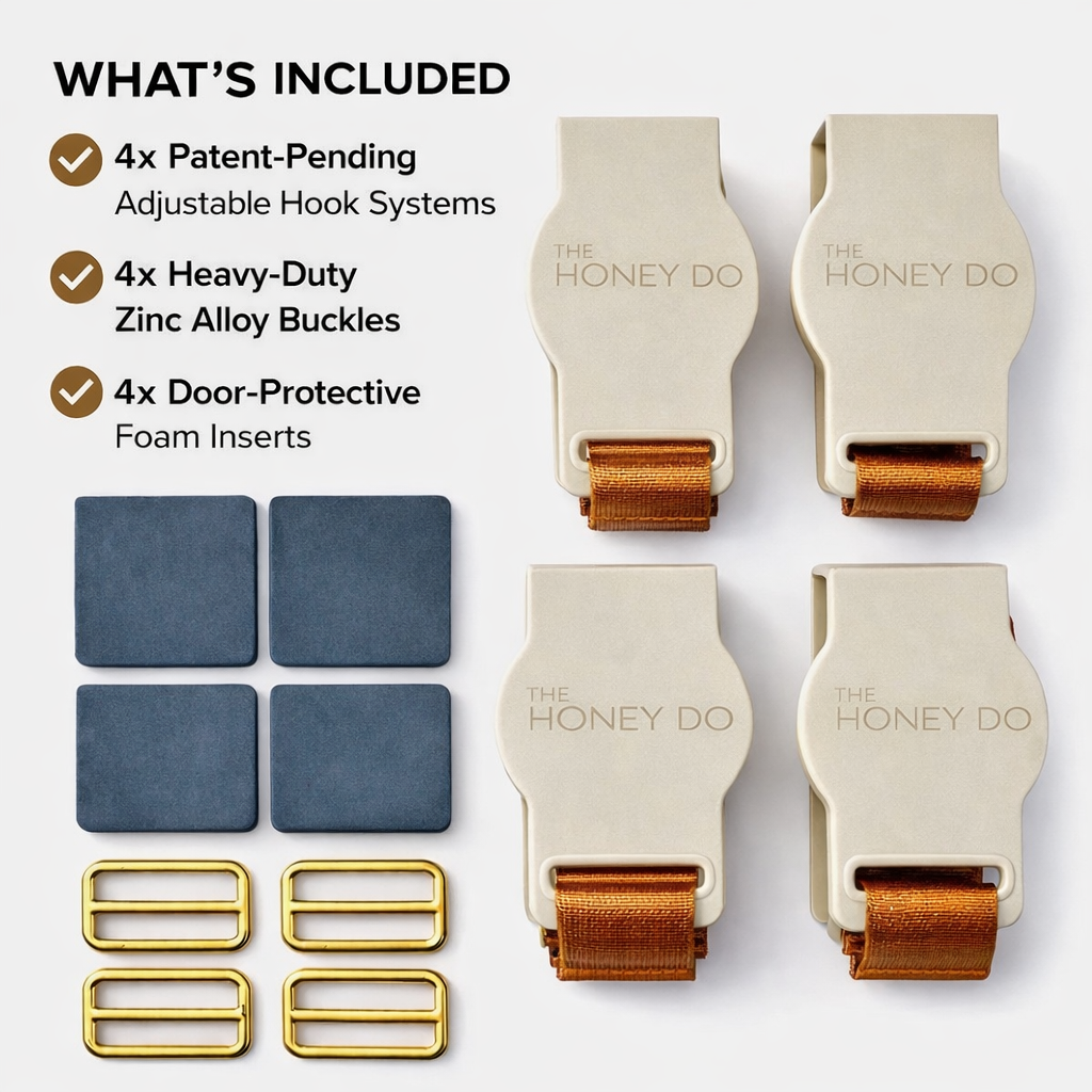 The Honey Do hands-free back scratcher accessories — includes 4 adjustable hook systems, 4 zinc alloy buckles, and 4 foam door protectors
