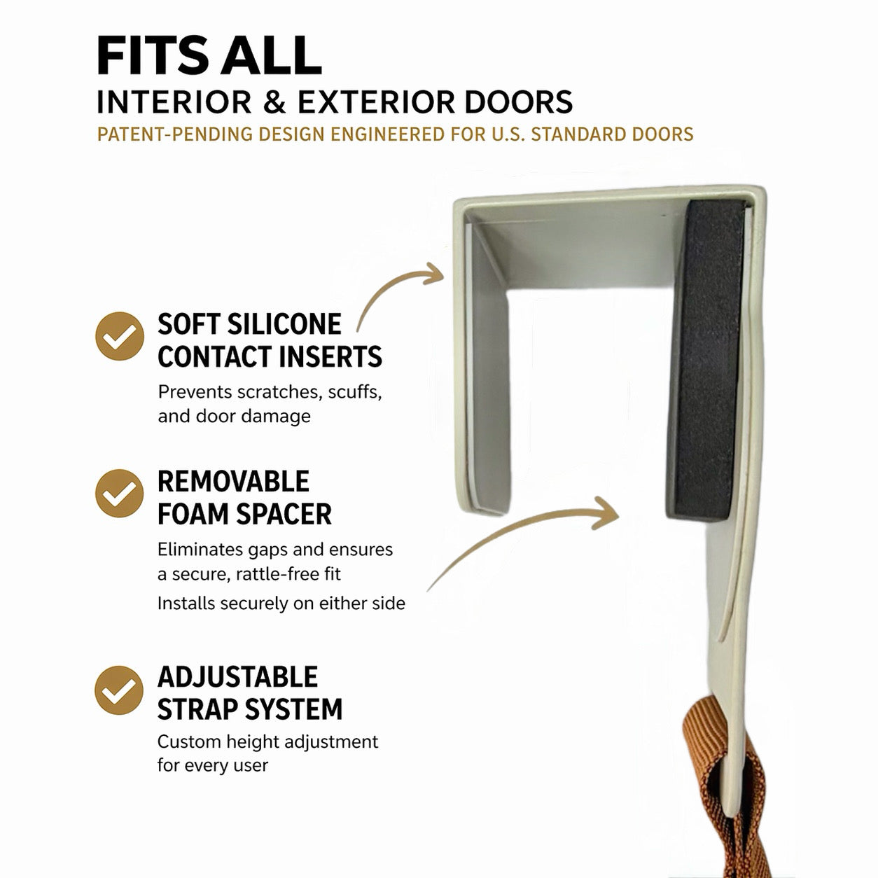 The Honey Do™ patent-pending door hook with soft silicone contact inserts, removable foam spacer, and adjustable strap system — fits all interior and exterior doors​​​​​​​​​​​​​​​​