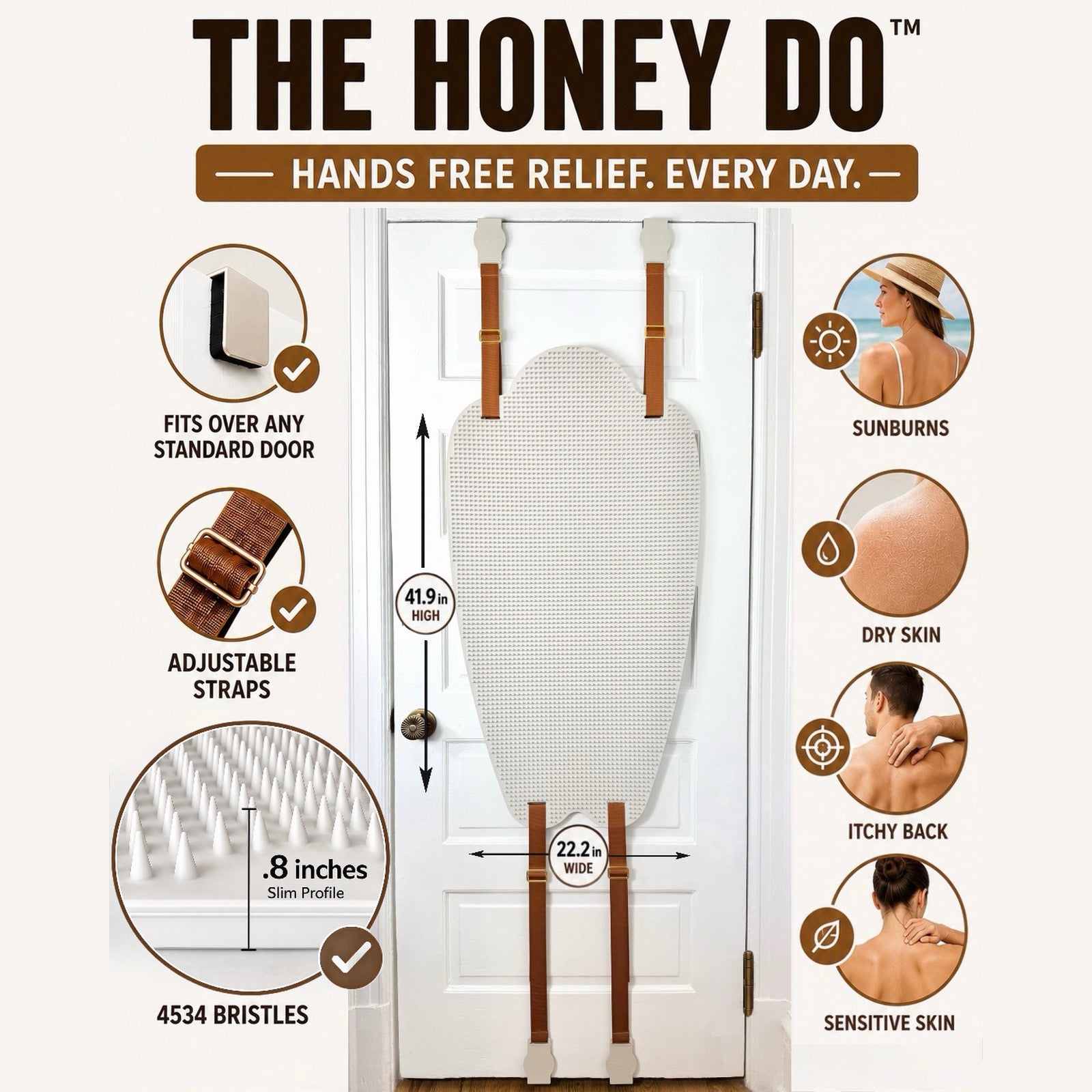 Infographic of the Honey Do back scratcher. Showing close up of the hooks, straps and back scratcher. Medium 65A, Firm 80A