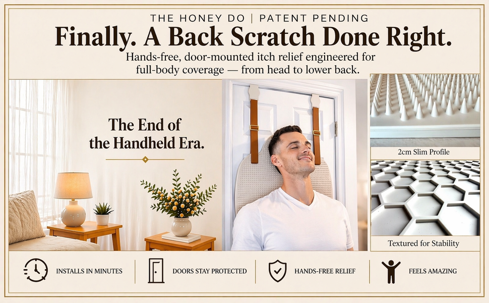 The Honey Do Patent-pending door-mounted back scratcher showing in use by a man. 