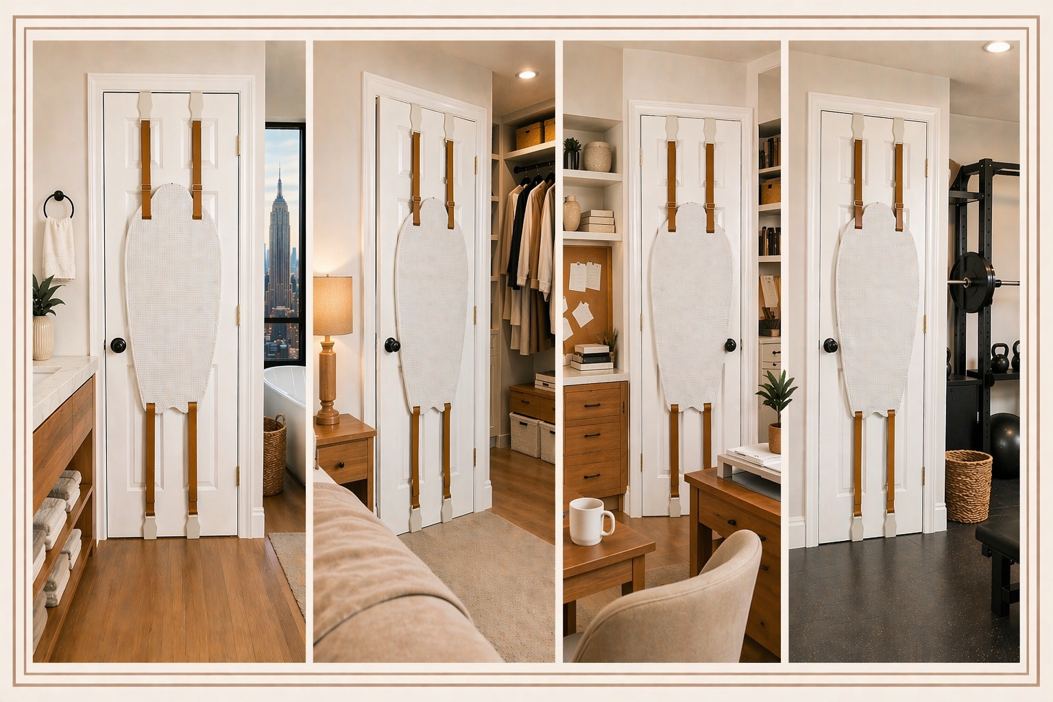 The Honey Do  Back Scratcher being used in different rooms. Perfect for the bathroom, bedroom, office and home gym 
