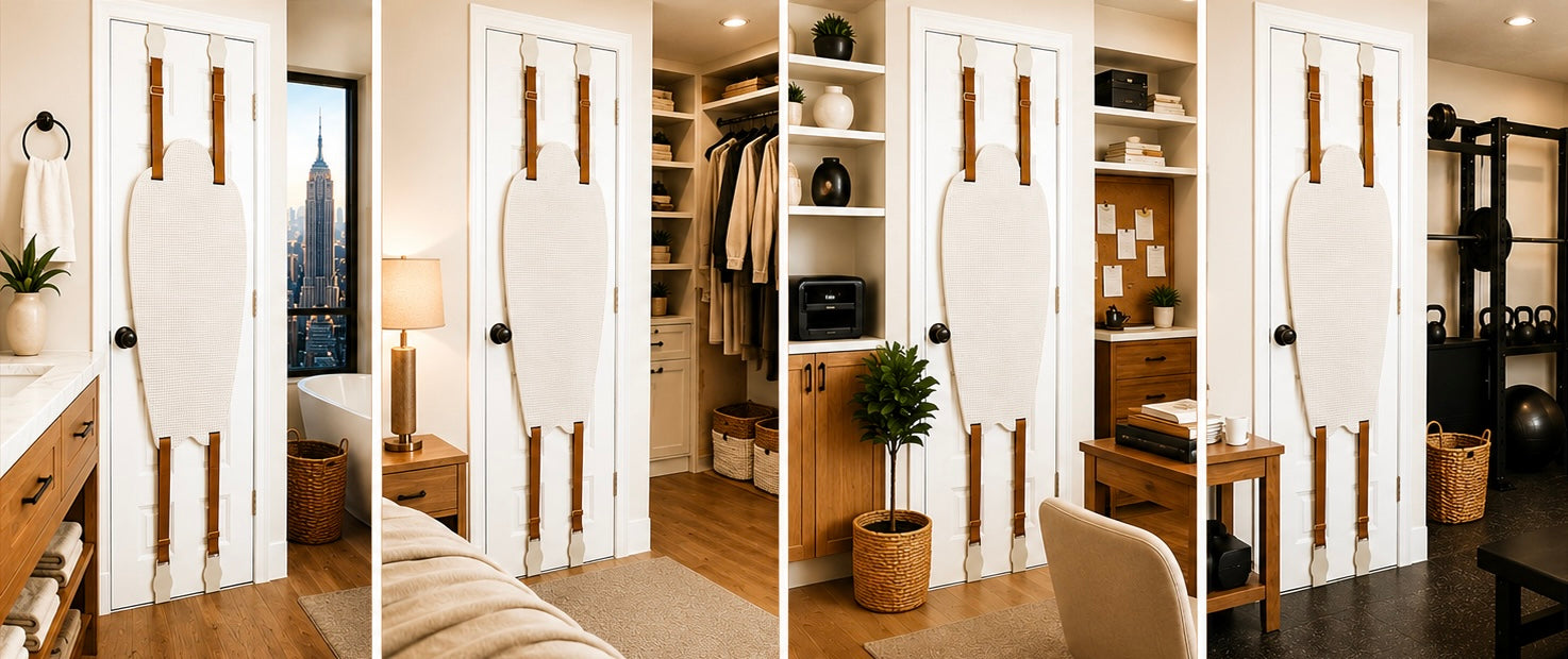 The Honey Do  Back Scratcher being used in different rooms. Perfect for the bathroom, bedroom, office and home gym 