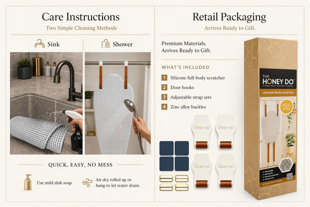 The Honey Do™ back scratcher care instructions showing sink and shower cleaning methods, plus retail packaging contents including silicone scratcher, door hooks, adjustable straps, and zinc alloy buckles​​​​​​​​​​​​​​​​