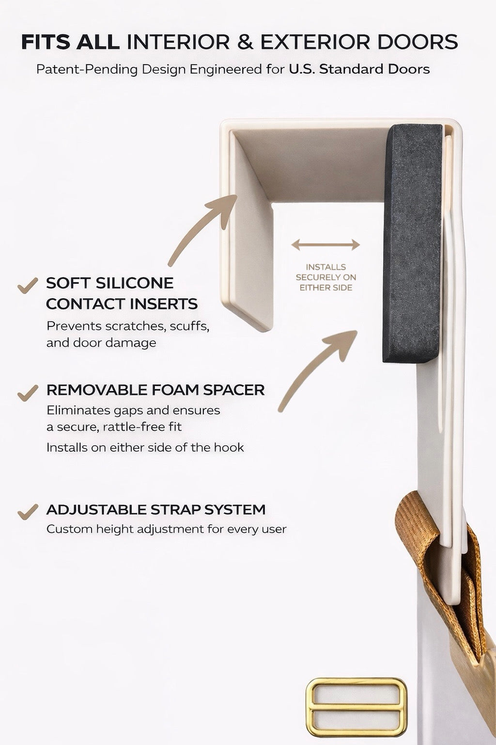 Door hook with soft silicone contact inserts, removable foam spacer, and adjustable strap system on a white background.