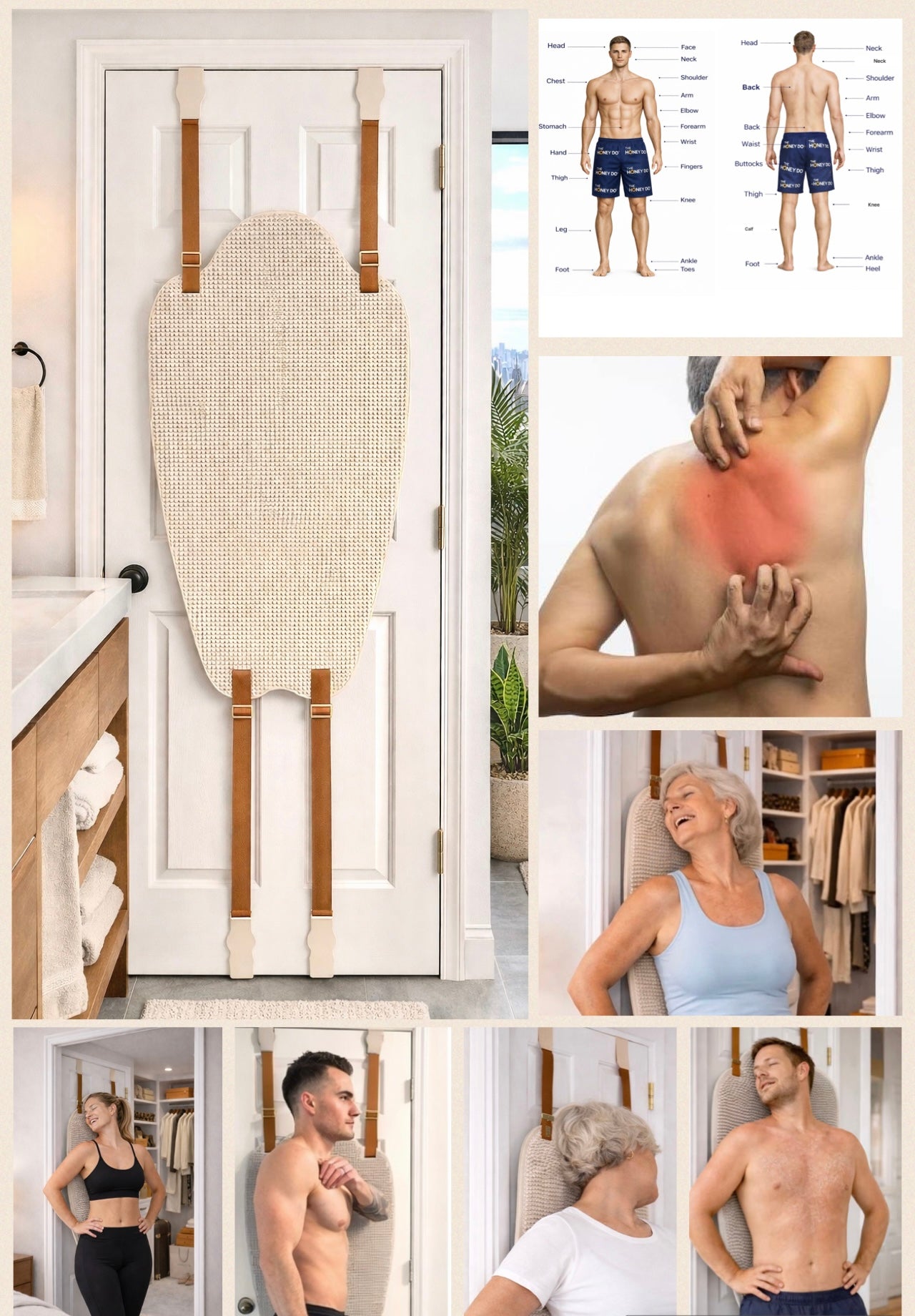 Collage  showing the honey do in action. Incldues client using the honey do to itch shoulders, back and side.  