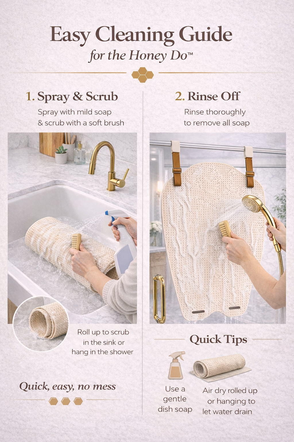 cleaning guide showing how to wash and rinse a hands free back scratcher using mild soap and water