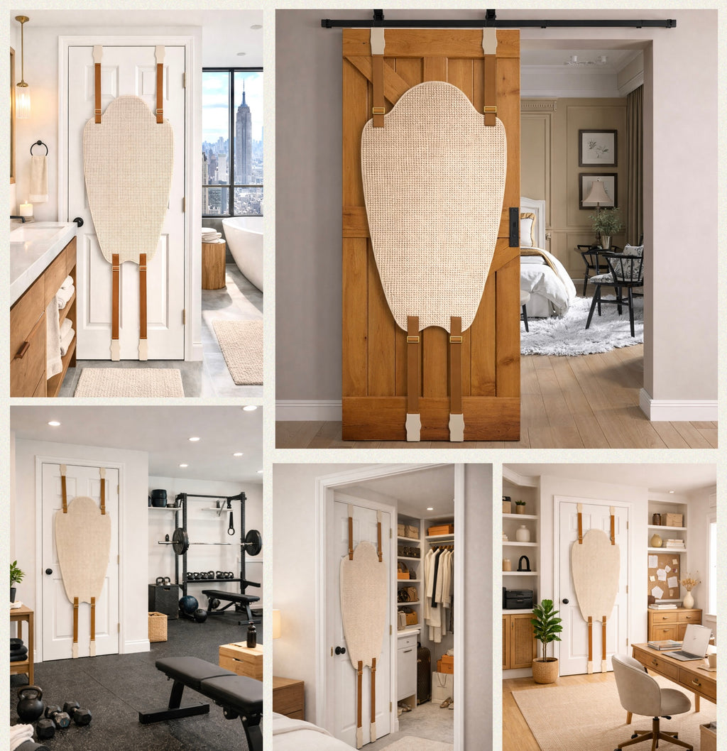 hands free back scratcher mounted on different interior doors including bathroom bedroom gym closet and home office