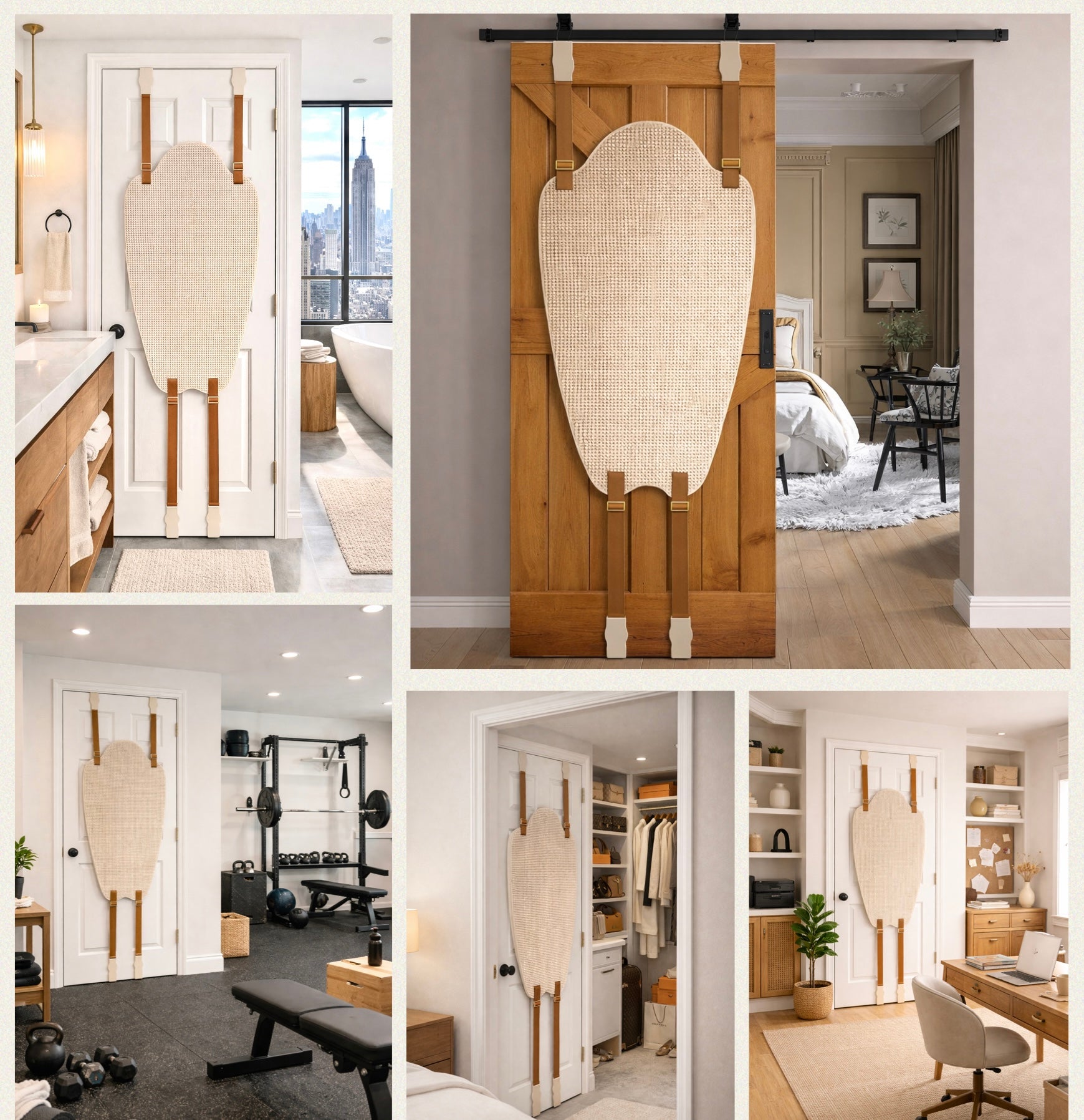 hands free back scratcher mounted on different interior doors including bathroom bedroom gym closet and home office