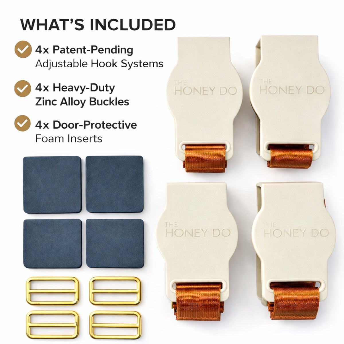 The Honey Do hands-free back scratcher accessories include 4 adjustable hook systems, 4 zinc alloy buckles, and 4 foam door protectors. Medium 65A, Firm 80A